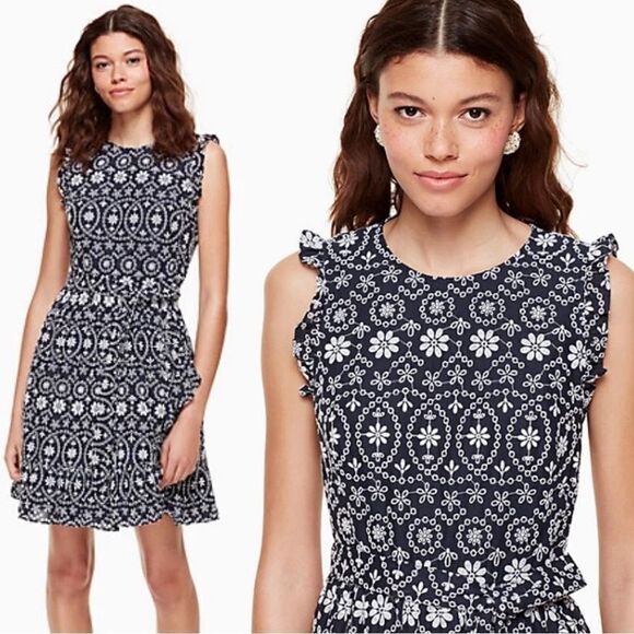 Kate Spade Shore Thing Eyelet Wrap Dress Rich Navy Blue Fresh White Size 00 - Picture 1 of 10